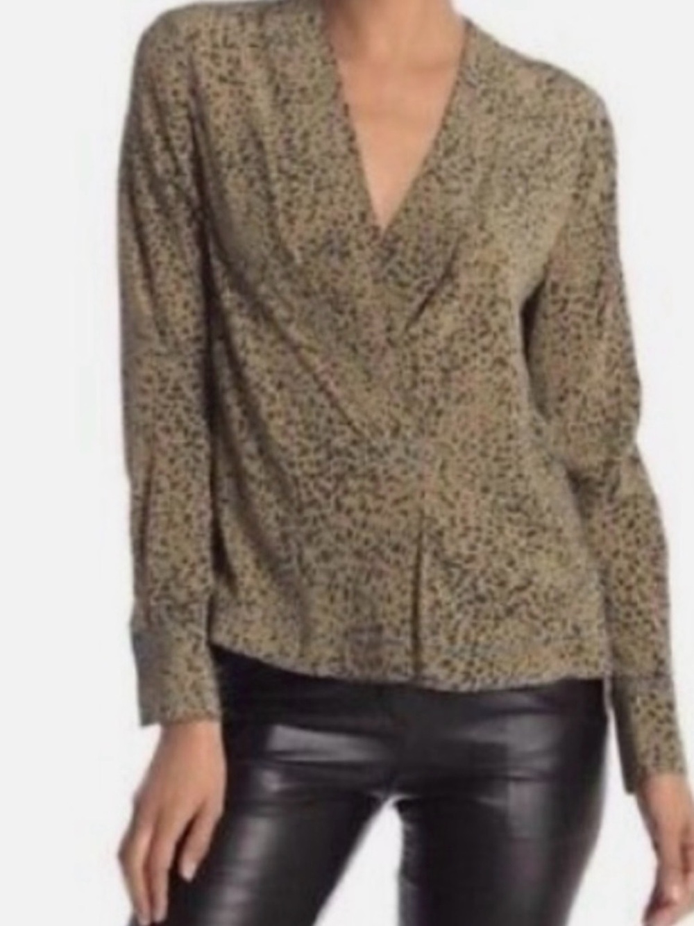 rag & bone S P Silk Olive Leopard Shields Top Blouse Animal Print Blue Trim